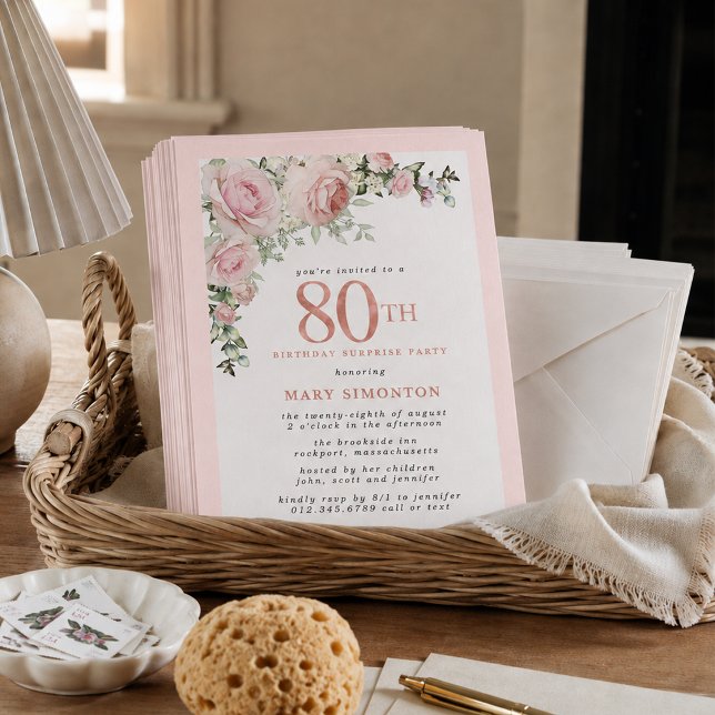 Invitation Fête surprise pour 80e anniversaire Fleurs roses b (Créateur téléchargé)