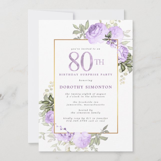 Invitation Fête surprise pour 80e anniversaire Rose Violette  (Devant)
