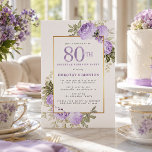 Invitation Fête surprise pour 80e anniversaire Rose Violette<br><div class="desc">Honorez une femme spéciale avec cette invitation élégante et féminine pour son 80e anniversaire. Le 80e est écrit en grand texte violet. Fête surprise d'anniversaire suit. Le nom de l'invité d'honneur est également en lettres capitales violettes. Le reste du texte est gris doux. Les détails de la célébration du 80e...</div>