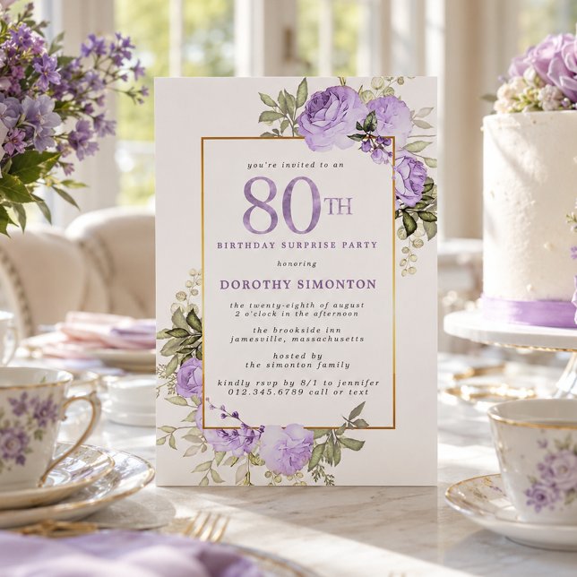 Invitation Fête surprise pour 80e anniversaire Rose Violette  (Créateur téléchargé)