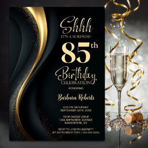 Invitation Fête surprise pour 85 ans en noir et or