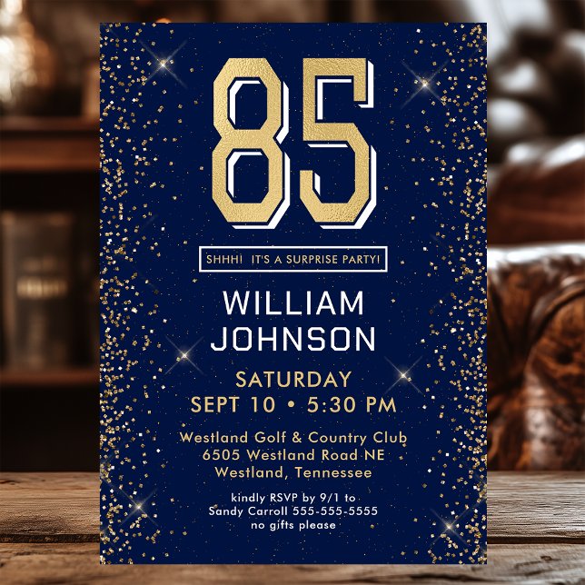 Invitation Fête surprise pour 85e anniversaire avec du bleu m (Créateur téléchargé)