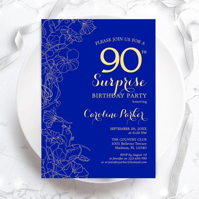 Invitation Fête surprise pour 90 ans bleu royal or (Créateur téléchargé)