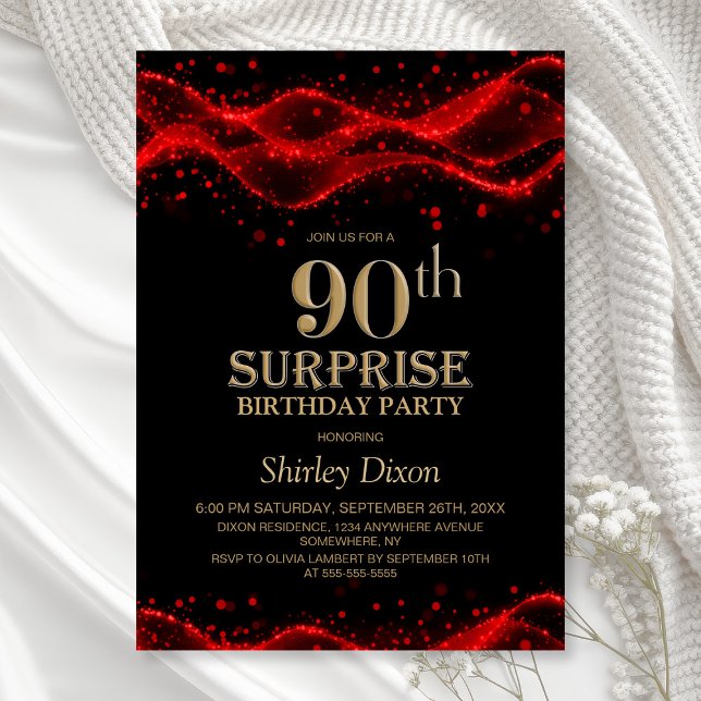 Invitation Fête surprise pour 90 ans en noir et rouge (Créateur téléchargé)