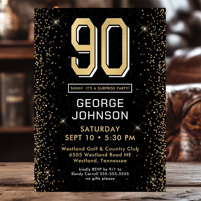 Invitation Fête surprise pour 90e anniversaire en noir modern (Créateur téléchargé)
