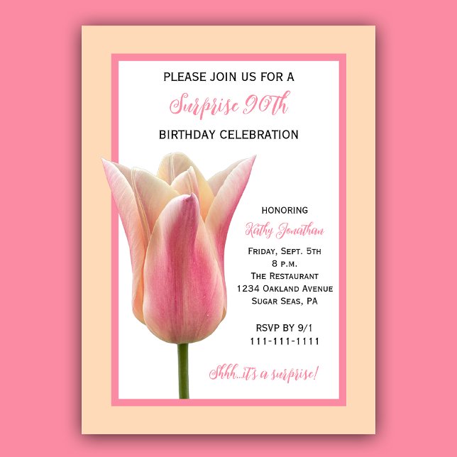 Invitation Fête surprise pour 90e anniversaire Tulipe rose (Créateur téléchargé)
