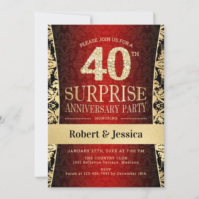 Invitation Fête surprise pour le 40e anniversaire - Rouge Or  (Devant)
