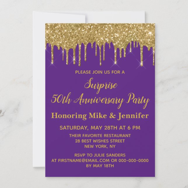 Invitation Fête surprise pour le 50e anniversaire violet et o (Devant)