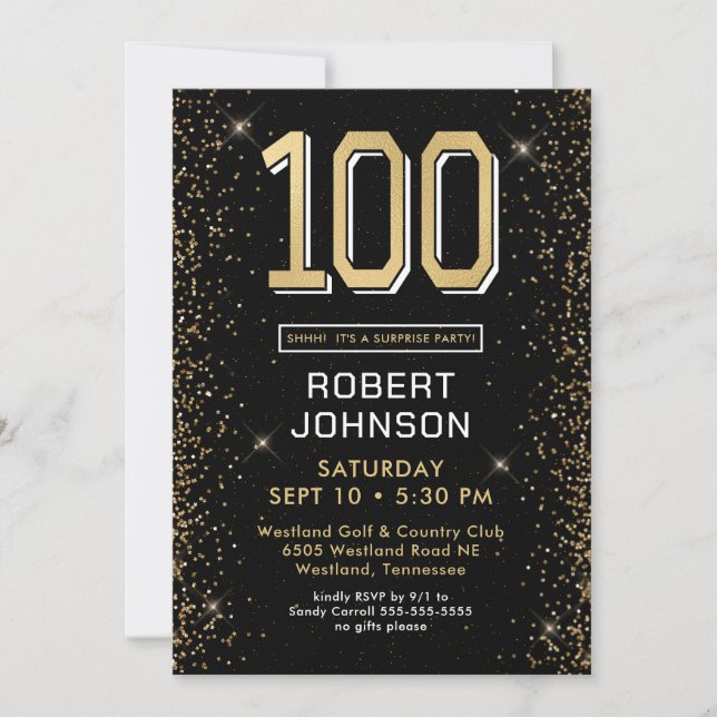 Invitation Fête surprise pour les 100 ans de Modern Black Gol (Devant)