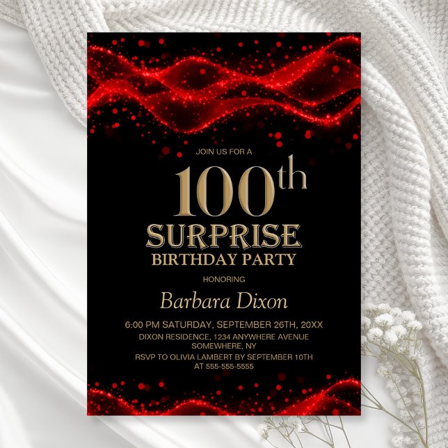 Invitation Fête surprise pour les 100 ans en noir et rouge (Créateur téléchargé)