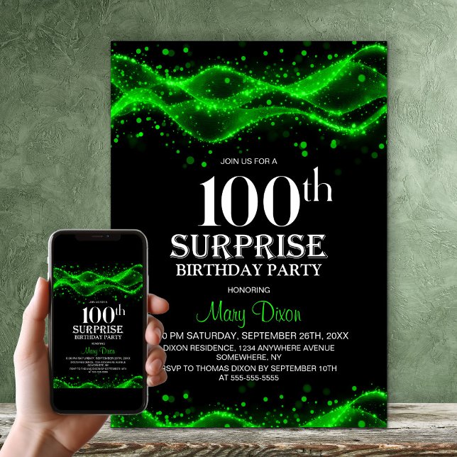 Invitation Fête surprise pour les 100 ans en noir et vert (Créateur téléchargé)