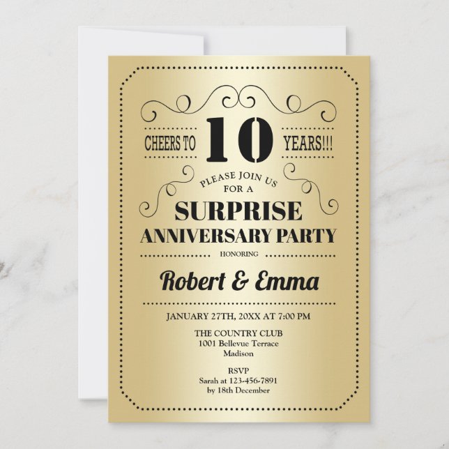 Invitation Fête surprise pour les 10 ans d'anniversaire - Or  (Devant)