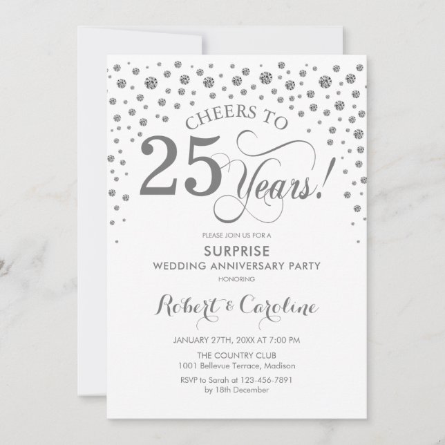 Invitation Fête surprise pour les 25 ans - Blanc argenté (Devant)