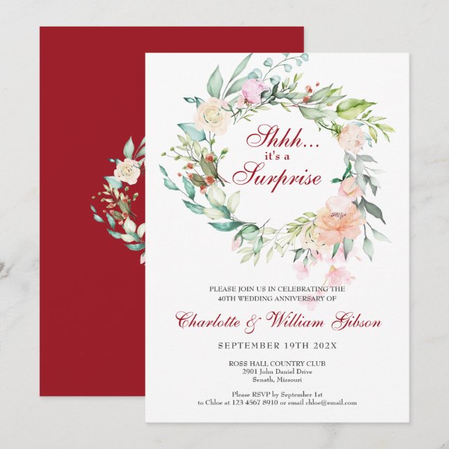 Invitation Fête surprise pour les 40 ans de mariage Rubis (Devant / Derrière)