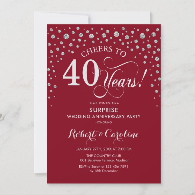 Invitation Fête surprise pour les 40 ans - Rouge Argent (Devant)