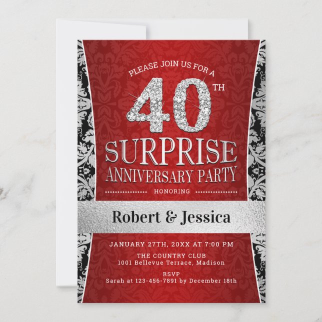 Invitation Fête surprise pour les 40 ans - Rubis Rouge Argent (Devant)