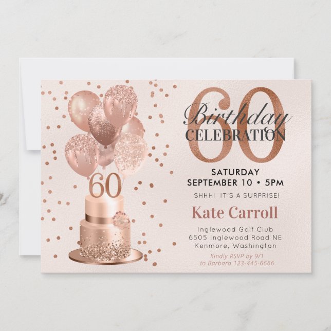 Invitation Fête surprise pour les 60 ans avec gâteau rose gol (Devant)