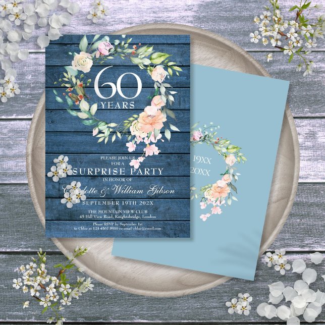 Invitation Fête surprise pour les 60 ans, Floral Bleu Rustiqu (60th Anniversary Surprise Party Floral Blue Rustic Invitation)