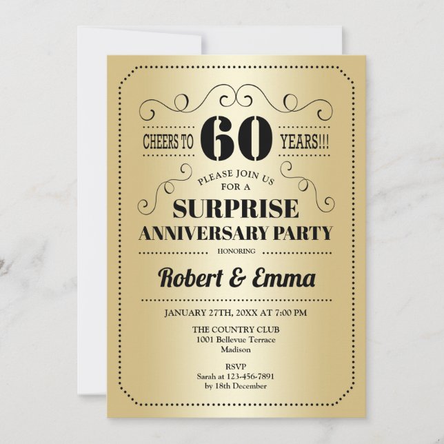 Invitation Fête surprise pour les 60 ans - Noir Or (Devant)