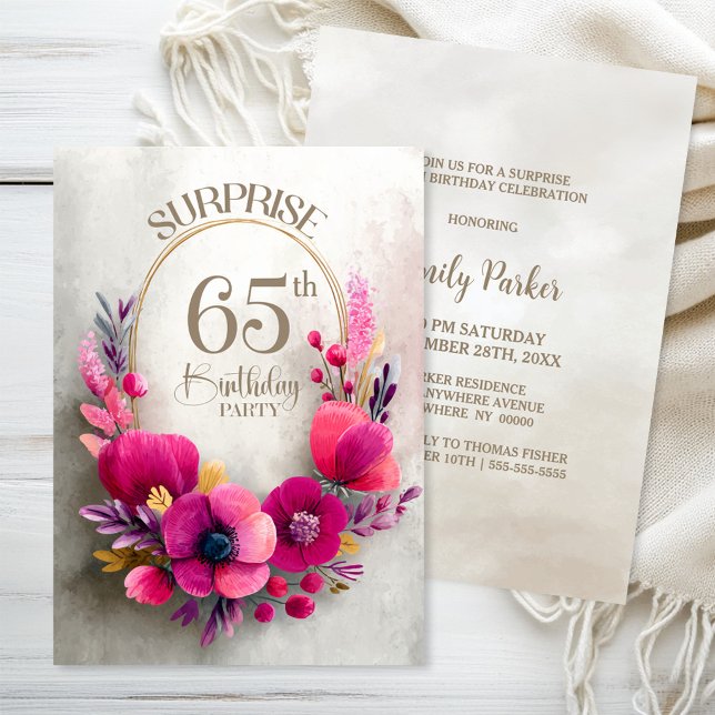 Invitation Fête surprise pour les 65 ans aux fleurs roses (Créateur téléchargé)