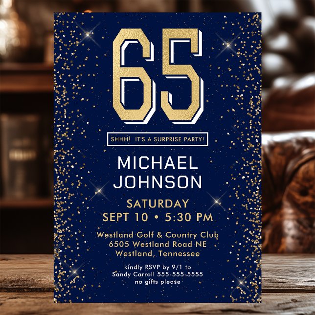 Invitation Fête surprise pour les 65 ans Bleu marine moderne (Créateur téléchargé)