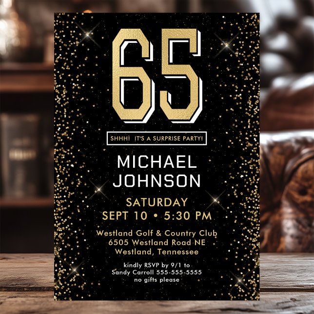 Invitation Fête surprise pour les 65 ans photo noir moderne (Créateur téléchargé)
