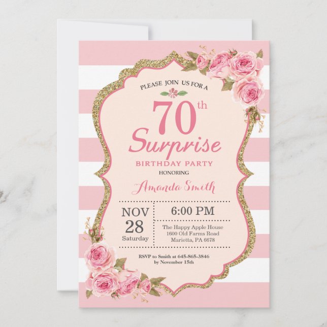 Invitation Fête surprise pour les 70 ans avec des pivoines ro (Devant)