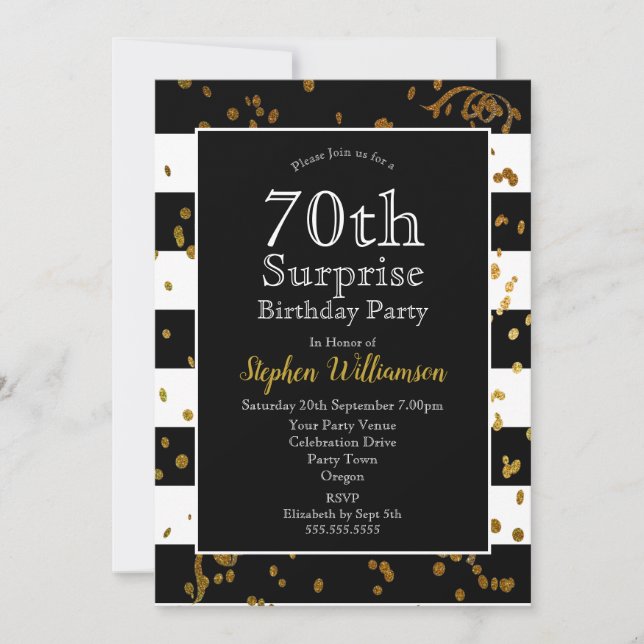 Invitation Fête surprise pour les 70 ans  Noir et Or (Devant)