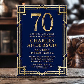 Invitation Fête surprise pour les 70 ans Photo Bleu marine Or