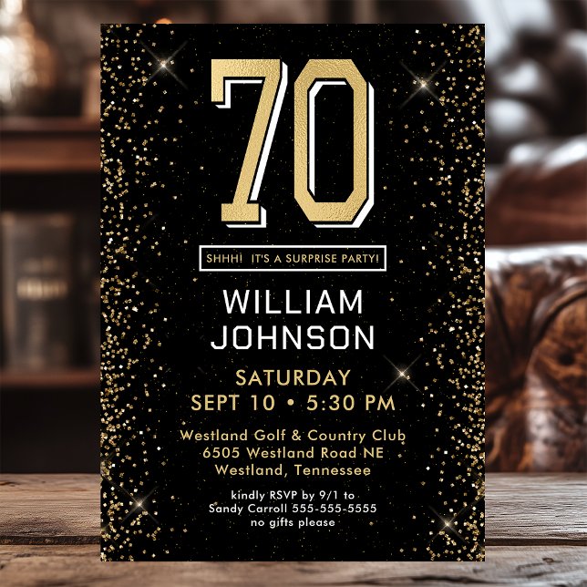 Invitation Fête surprise pour les 70 ans photo noir moderne (Créateur téléchargé)