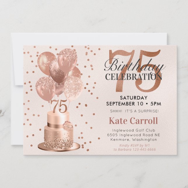 Invitation Fête surprise pour les 75 ans avec gâteau rose gol (Devant)