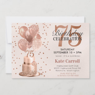 Invitation Fête surprise pour les 75 ans avec gâteau rose gol