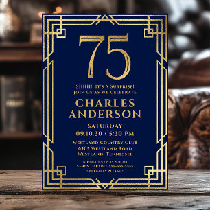 Invitation Fête surprise pour les 75 ans avec photo, bleu mar