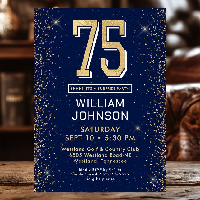 Invitation Fête surprise pour les 75 ans Bleu marine moderne (Créateur téléchargé)
