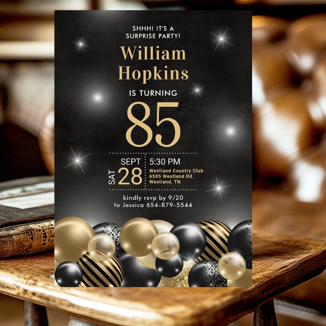 Invitation Fête surprise pour les 85 ans - Ballons noirs et d (Créateur téléchargé)