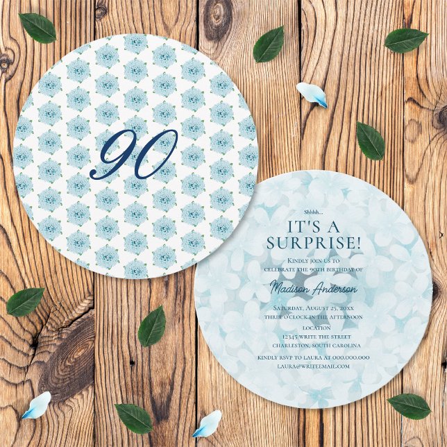 Invitation Fête surprise pour les 90 ans avec des Hortensias  (Front and Back)