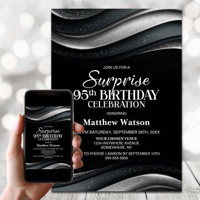 Invitation Fête surprise pour les 95 ans noir et argent (Créateur téléchargé)