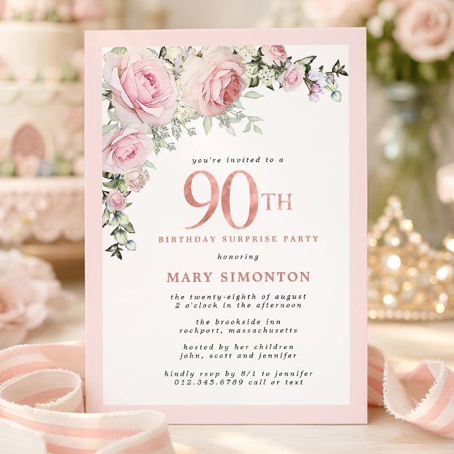 Invitation Fête surprise pour un 90ème anniversaire Fleurs ro (Créateur téléchargé)
