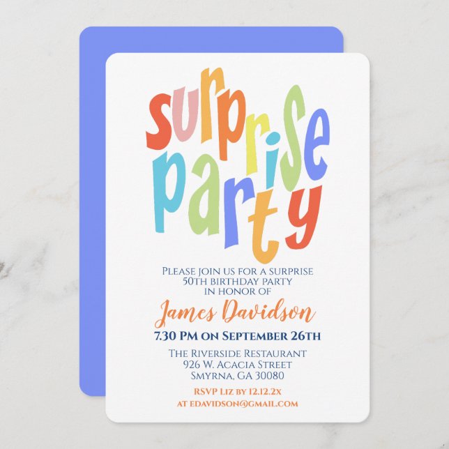 Invitation Fête Surprise Typographie Moderne (Devant / Derrière)