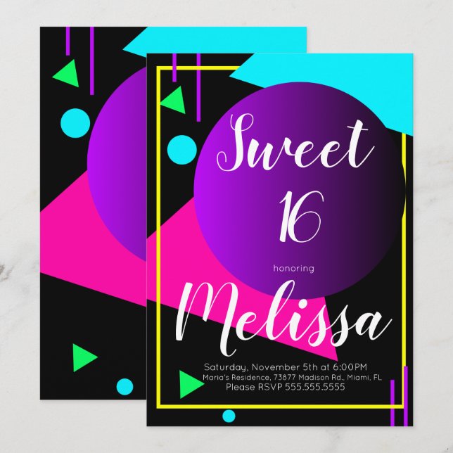 Invitation Fête Sweet 16 80s Néon Organique Luminescent Dans  (Devant / Derrière)