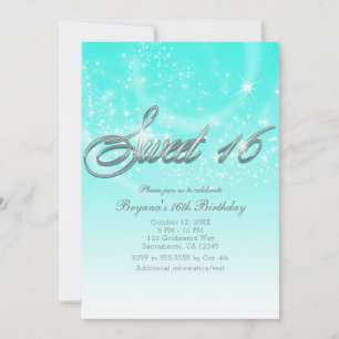 Invitation Fête SWEET 16 Aqua Blue & Silver Sparkle Stars