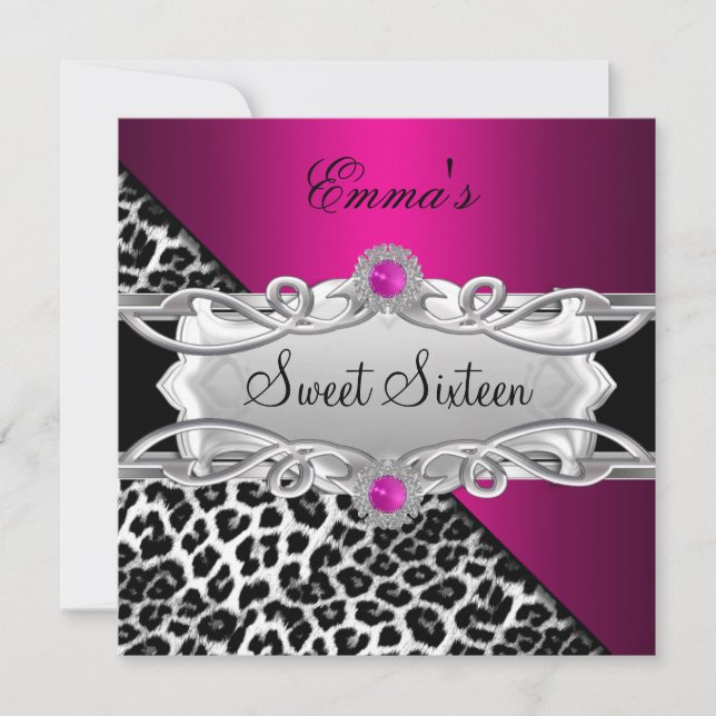 Invitation Fête Sweet 16 Argent Rose Noir Blanc Léopard (Devant)