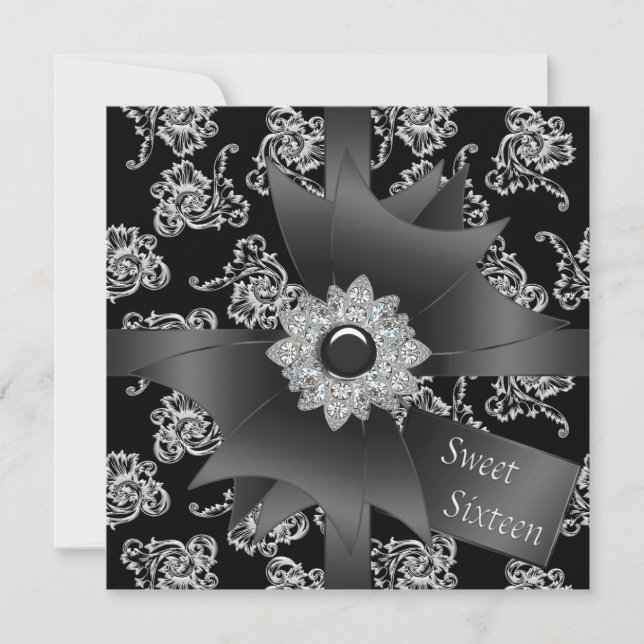 Invitation Fête Sweet 16 Black Damask Noir et Blanc (Devant)