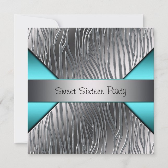 Invitation Fête Sweet 16 Bleu sarcelle Argent Zèbre (Devant)