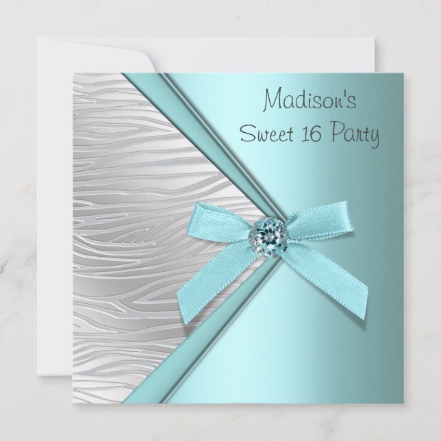 Invitation Fête Sweet 16 Bleu Turquoise Argent Zèbre (Devant)