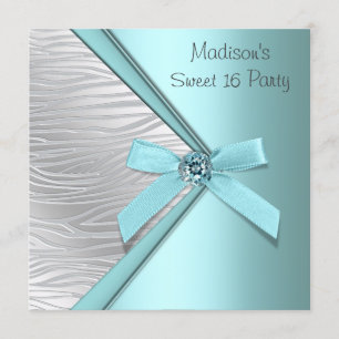 Invitation Fête Sweet 16 Bleu Turquoise Argent Zèbre