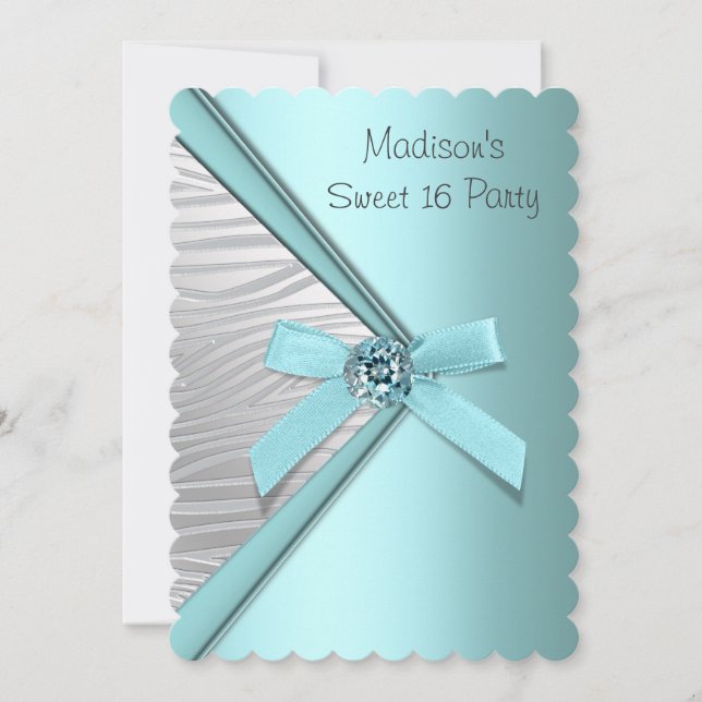 Invitation Fête Sweet 16 Bleu Turquoise Argent Zèbre (Devant)