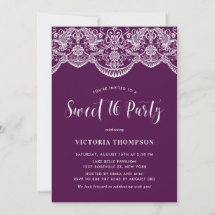 Invitation Fête Sweet 16 Brocart Blanc en Dentelle Violette