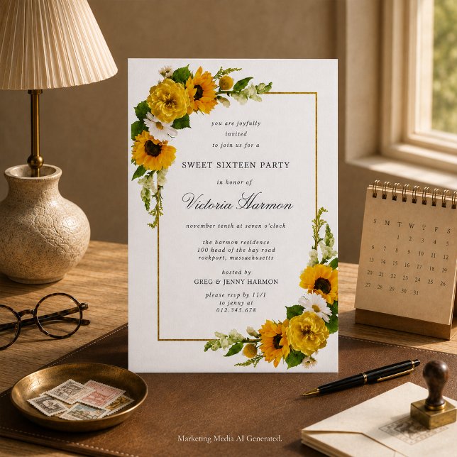 Invitation Fête Sweet 16 Cadre Doré Tournesol (Créateur téléchargé)