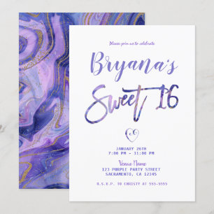 Invitation Fête Sweet 16 Chic et Glamour Marbre Blanc Violet 